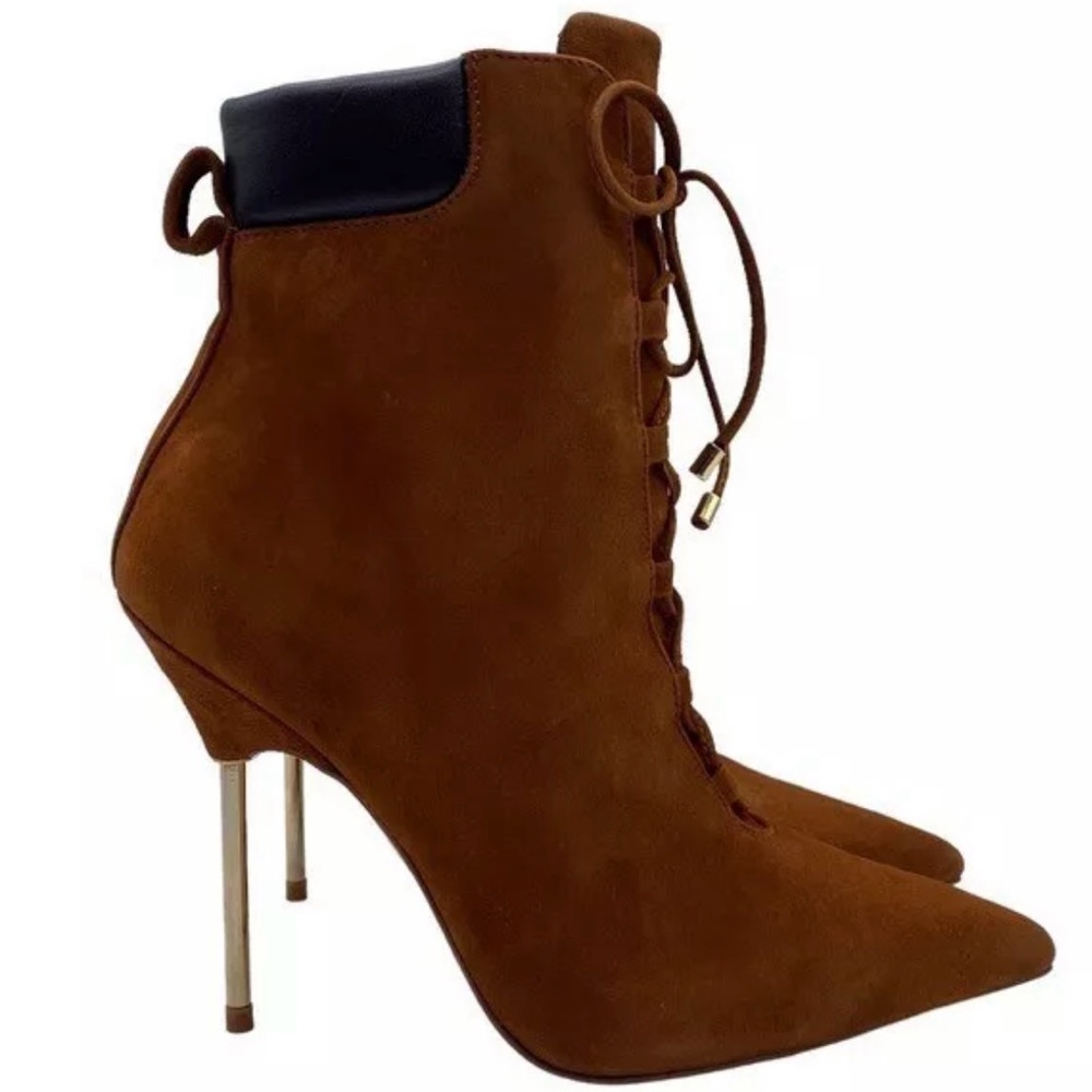 Good American Shoes Good American Brown Suede Booties Lace Up Stiletto Size 8.5 - Picture 3 of 16